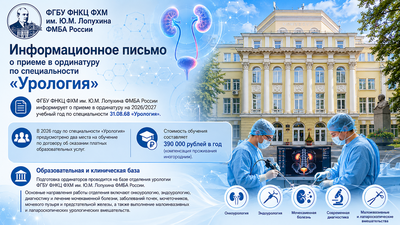 Приглашаем в ординатуру по урологии на базе ФГБУ ФНКЦ ФХМ им. Ю.М. Лопухина ФМБА России